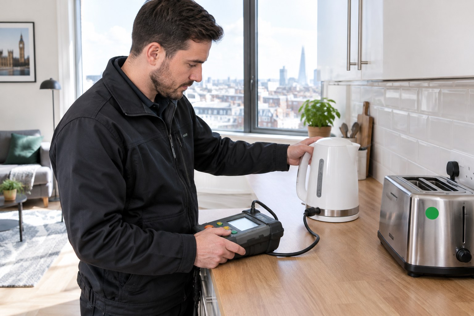 Electrician PAT testing a kettle in a furnished London rental flat