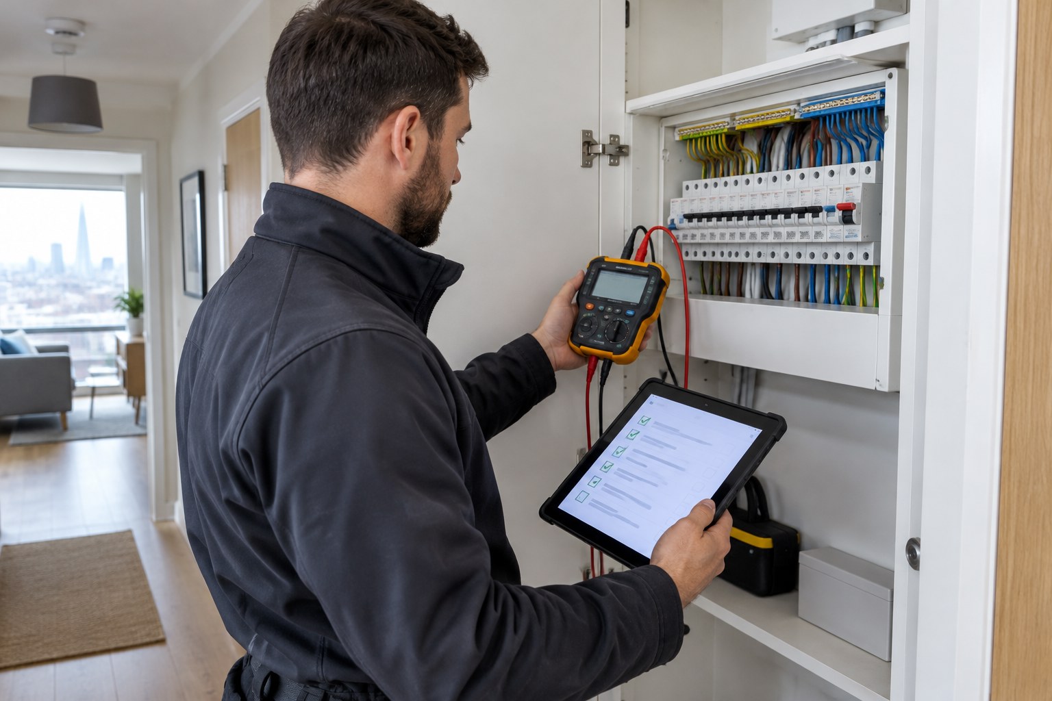 Electrician testing a consumer unit during an EICR inspection