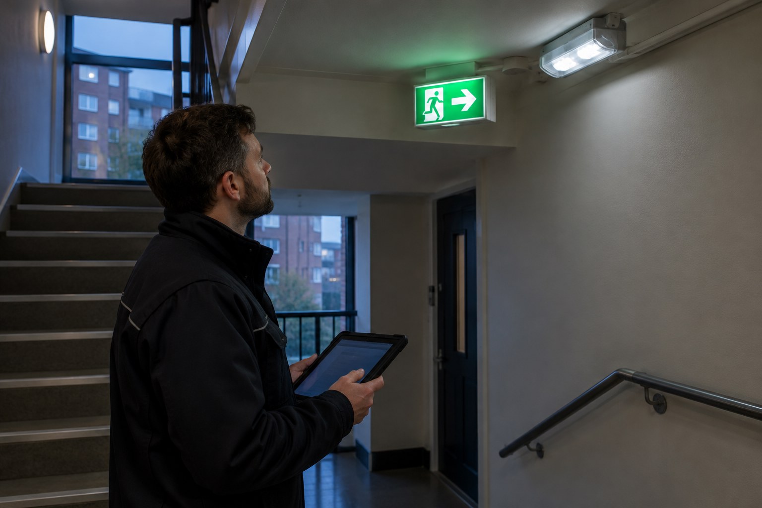 Engineer testing emergency lighting and an exit sign in a communal stairwell