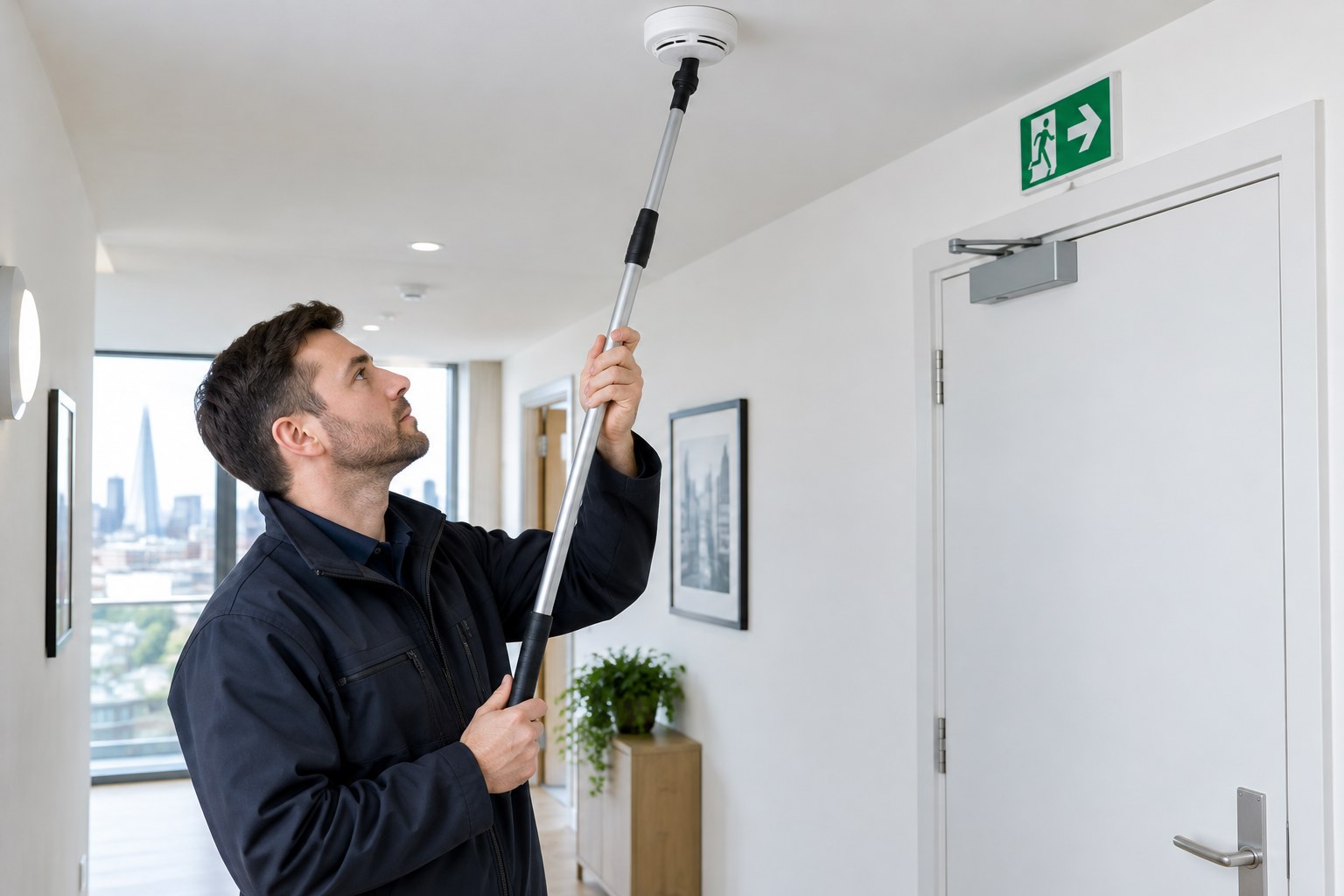 Fire safety engineer testing a smoke alarm in a London rental property