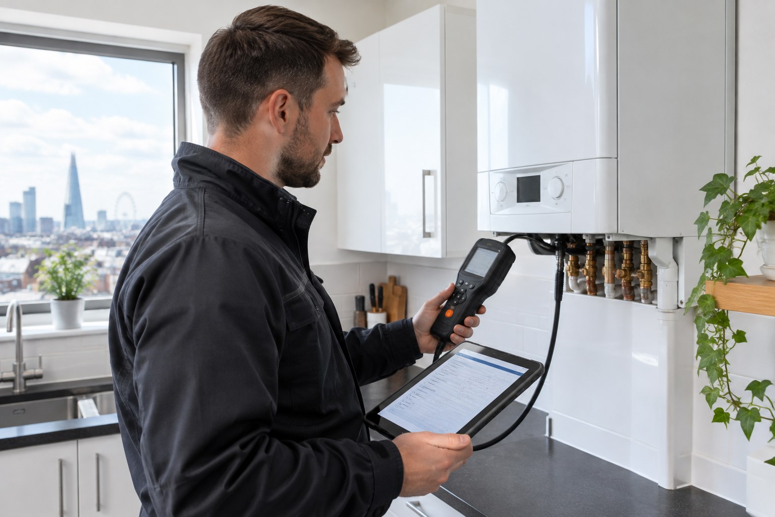 Gas Safe engineer checking a combi boiler for a CP12 gas safety certificate